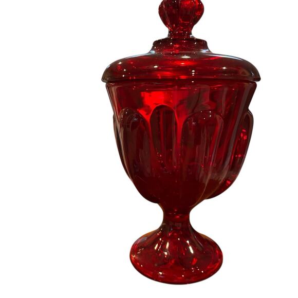 Vintage Viking Glass Ruby Red Epic 6 Petal Compote Candy Dish With Lid & Sticker - Picture 5 of 10